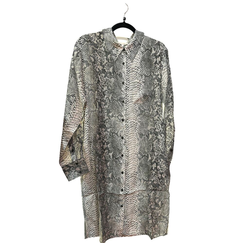 $540 Gold Hawk 100% Silk Grey Python Collared Shift Dress  L NWT
